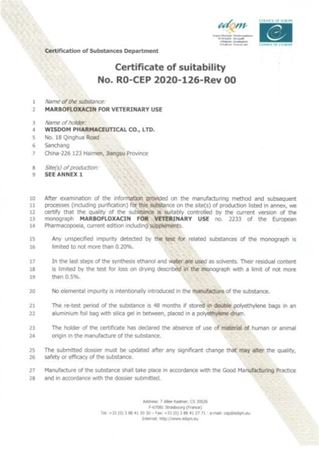 万象城平台,万象城（中国）一站式服务平台药业获得马波沙星CEP证书